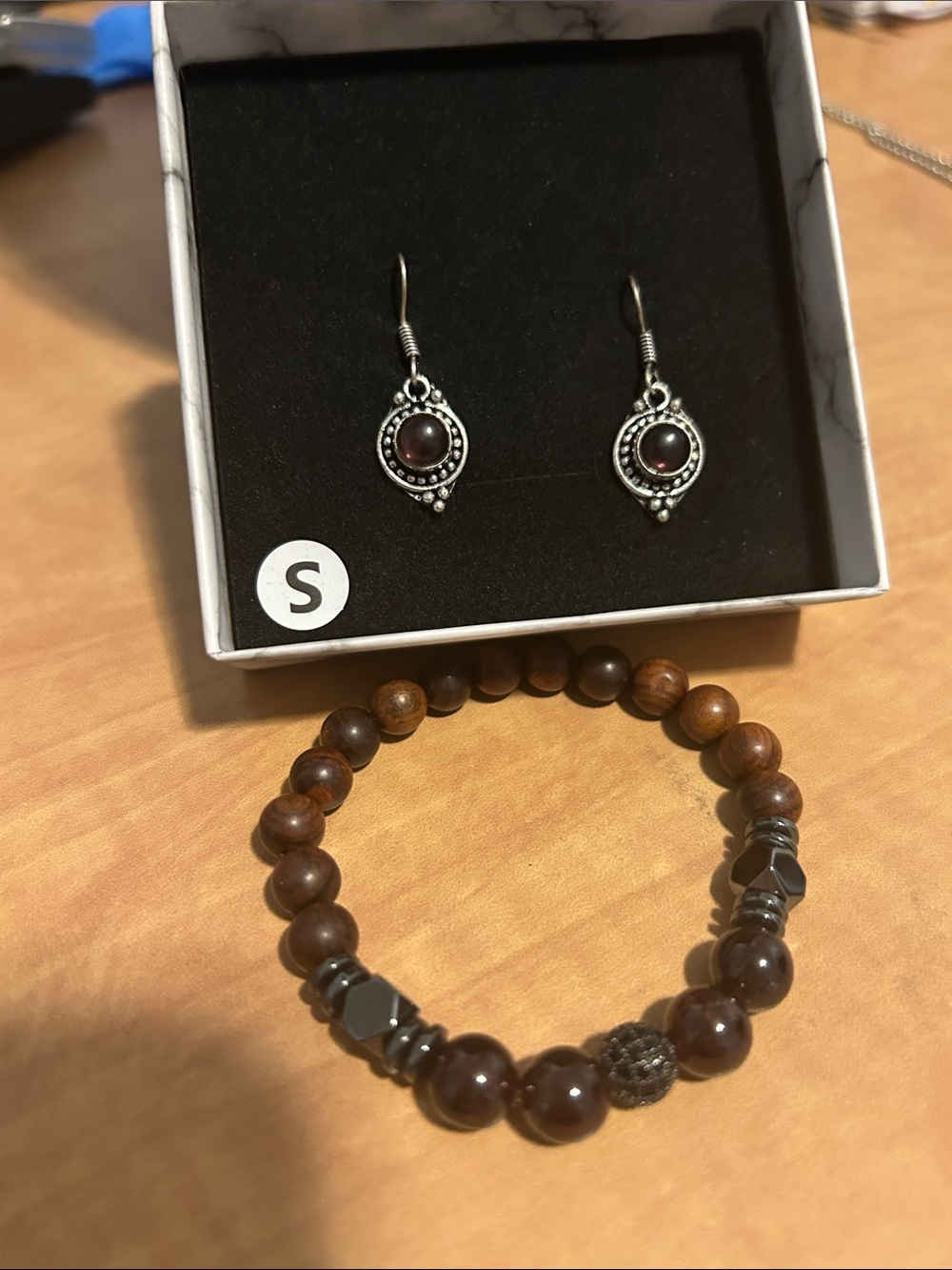 Handmade Garnet-Style Drop Earrings with Matching Brown Beaded Bracelet